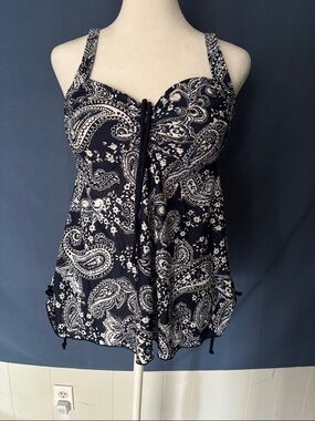 Paisley Swim Camisole with Front Tie - Black/White